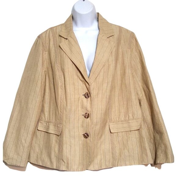 Womens Blazer 20W Linen Blend Light Brown Stripe Boxy 3 Button Lined Jacket - Picture 1 of 15